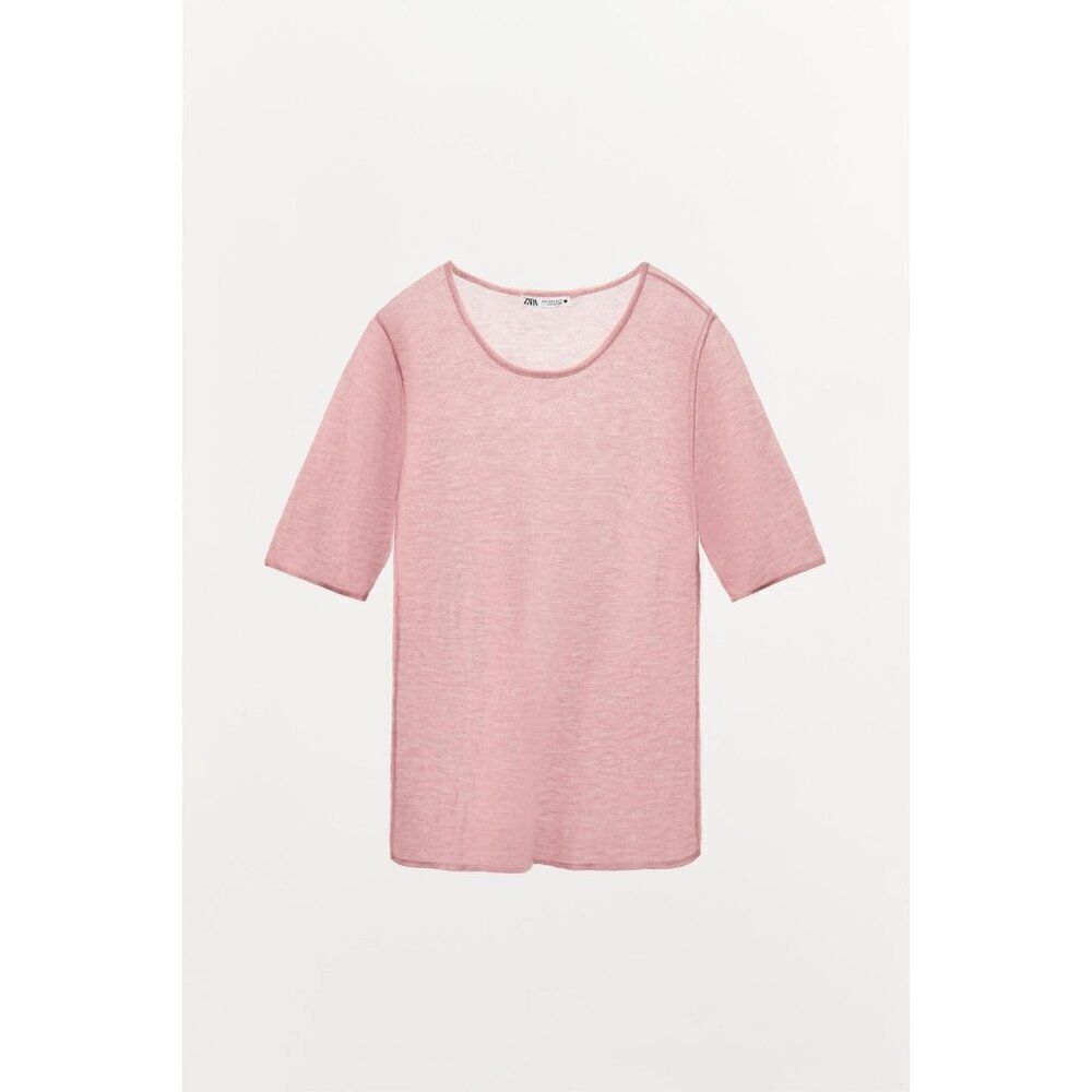 Zara Womens Wool Top Shirt Pink XL Round Neck Knit Short Sleeve 1223/917 NWT